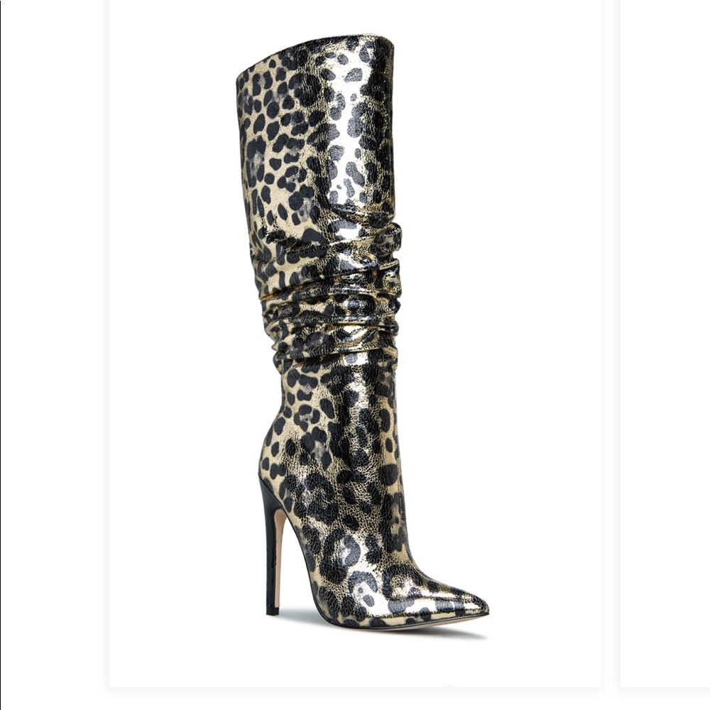 Slouchy Black and Gold Leopard Boots
